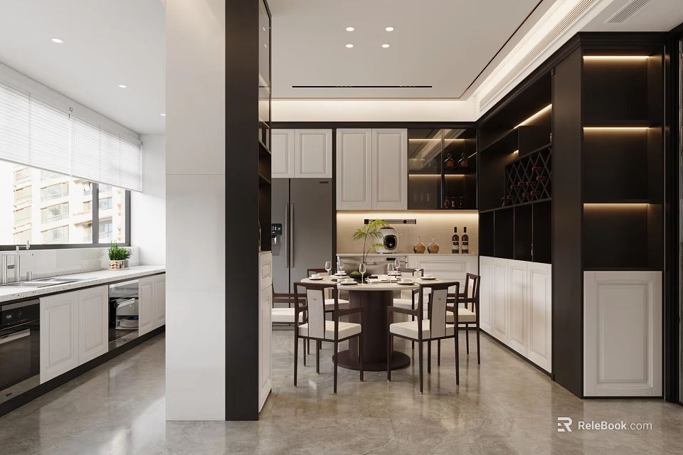 Modern Open Dining Room Interior With Dining Table Chairs Wine Storage And Cabinets 3d model