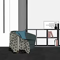 Single Sofa with Blue Cushion and Geometric Blanket in Modern Room Gray Wall Black Bookshelf