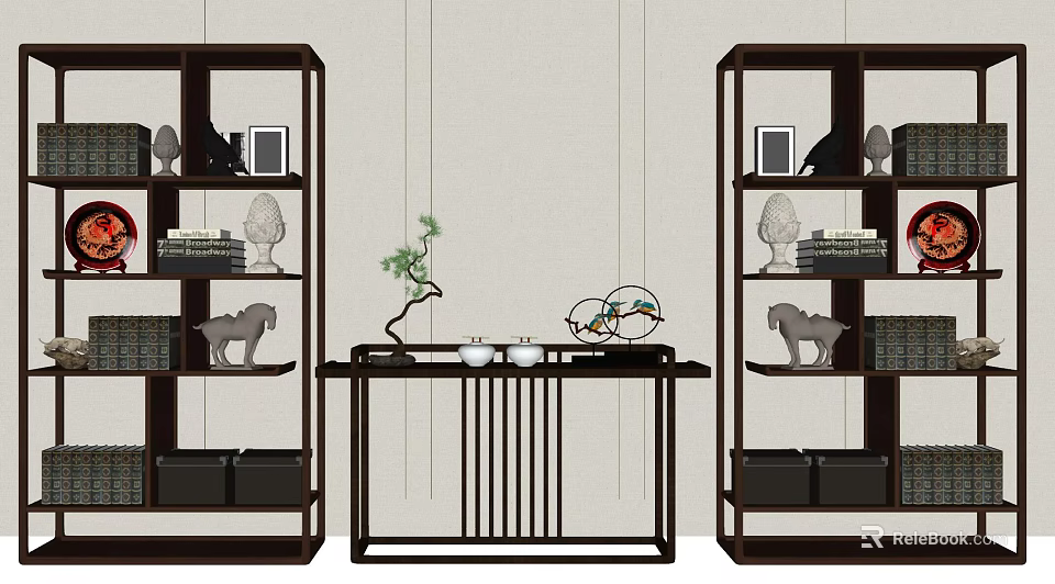 Dark Wood Console Table with Decorative Shelves Green Plant Tea Set and Light Wall 3d model 