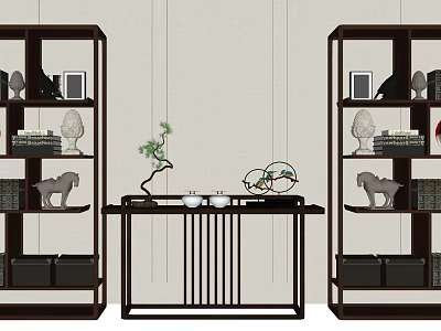 Dark Wood Console Table with Decorative Shelves Green Plant Tea Set and Light Wall 3d model