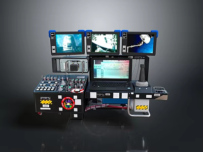 Multi Screen Control Console With Laptop Control Panel And Blue Accents 3d model