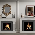 Classic White Fireplaces With Burning Flames Gold Mirror Painting Candles And Clock On Decorative Walls