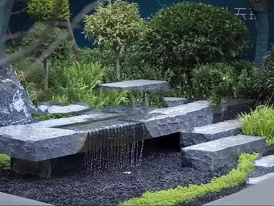 Water Fountain Garden With Stone Steps Green Plants And Flowing Water 3d model