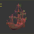 Ancient Wooden Sailing Ship Model With Green Flags And Purple Decorations