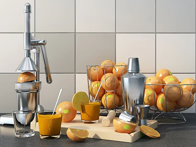 Practical Manual Juicer Daily Electrical Appliance with Fresh Oranges and Orange Juice in Kitchen 3d model