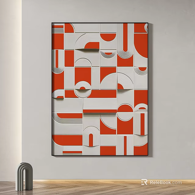 Modern Abstract Red And White Geometric Wall Art With Circular Square Elements 3d model