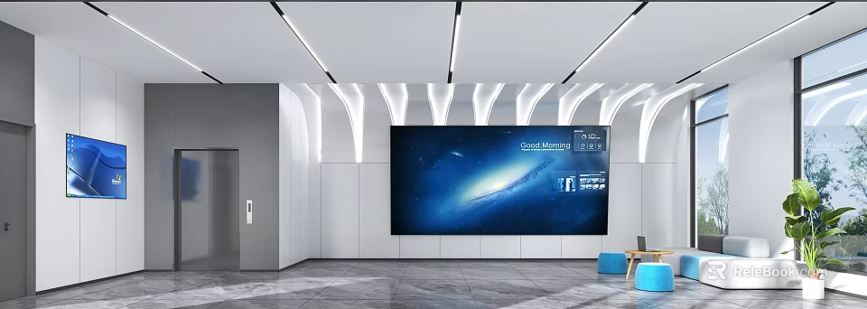 Modern Front Desk Reception Area With Large Digital Screen And Elegant Lighting Design 3d model