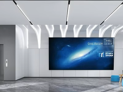 Modern Front Desk Reception Area With Large Digital Screen And Elegant Lighting Design 3d model