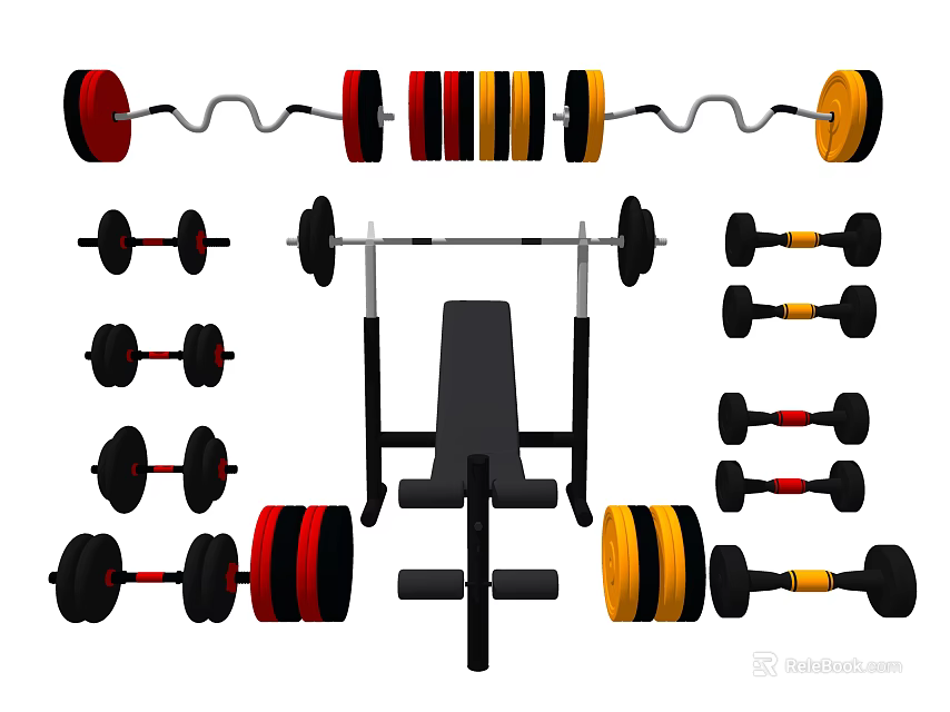 Complete Home Fitness Equipment Set With Barbells Dumbbells Weight Bench And Colored Plates 3d model 