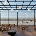 Aerial View of Modern Indoor Space With Glass Roof Hanging Cloud Decorations and Wooden Furniture
