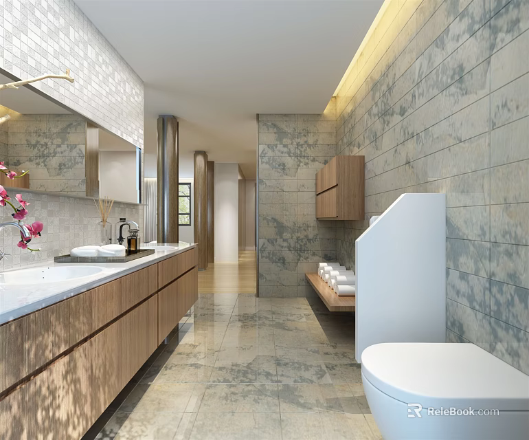 Modern Public Restroom Interior With Stone Tile Walls Wooden Vanity Sinks And Cabinets 3d model 