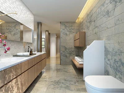 Modern Public Restroom Interior With Stone Tile Walls Wooden Vanity Sinks And Cabinets 3d model