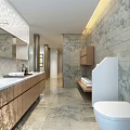 Modern Public Restroom Interior With Stone Tile Walls Wooden Vanity Sinks And Cabinets