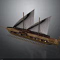 Ancient Trireme Watercraft With Wooden Sails Oars And Decorative Prow