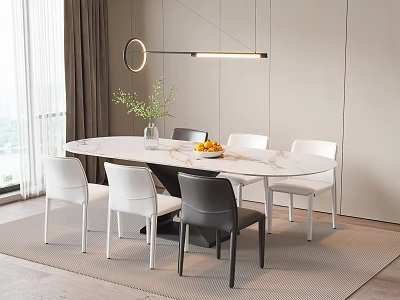 Modern Dining Table Set With Marble Top White Black Chairs Pendant Light And Greenery 3d model