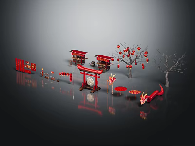 Traditional Chinese New Year Decorations With Red Lanterns Dragon Ornament And Fortune Characters 3d model