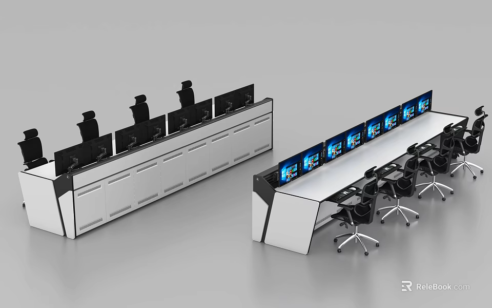 Modern Control Room Workstations With Multiple Screens And Office Chairs 3d model