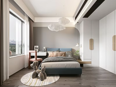 Modern Kids Room Interior With Blue Bed Window Rug And Stuffed Toys 3d model