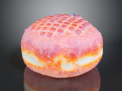 Round Bread With Grid Pattern And Pink Orange White Sugary Surface On Reflective Black Background 3d model