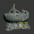 Ornate Dragon Decorated Water Basin With Blue Water And Rock Base
