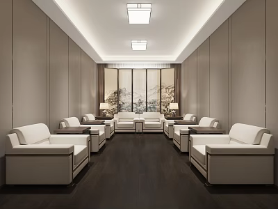 Spacious Modern Reception Area With White Leather Sofas Dark Wooden Flooring And Landscape Painting 3d model