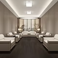 Spacious Modern Reception Area With White Leather Sofas Dark Wooden Flooring And Landscape Painting