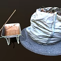 Gray Storage Bag Wheelbarrow with Dirt Rake and Circular Stone Slab 3d model