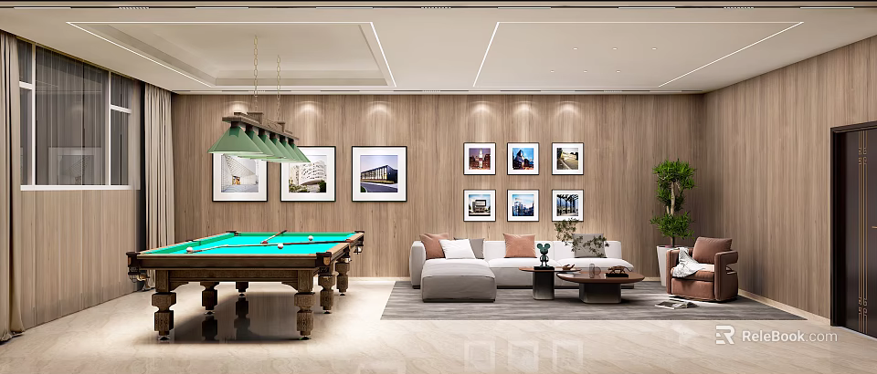 Modern Billiard Room Interior With Green Pool Table Sofa And Decorative Paintings 3d model
