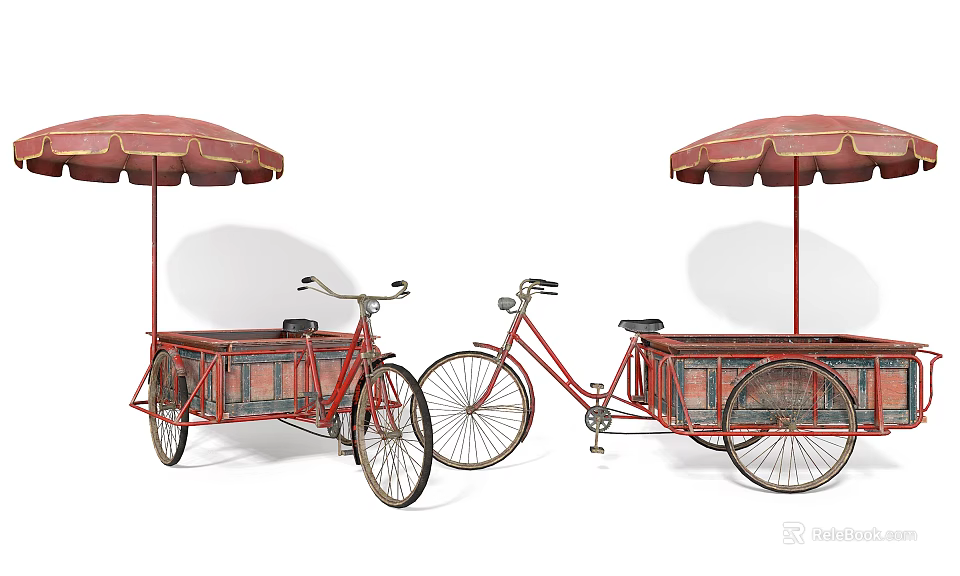 Two Vintage Tricycles With Red Umbrellas And Wooden Carts Design 3d model 