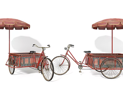 Two Vintage Tricycles With Red Umbrellas And Wooden Carts Design 3d model