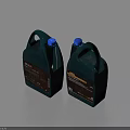 Two Dark Colored Plastic Household Containers with Blue Caps and Handles