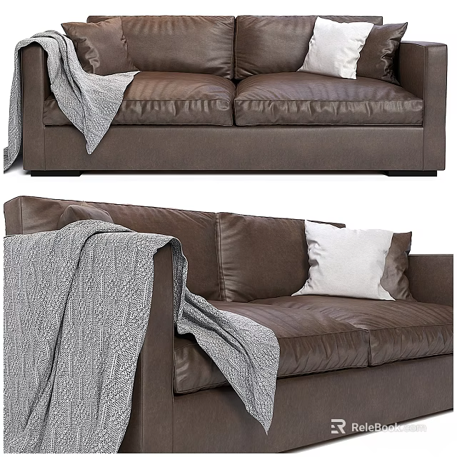 Brown Leather Two Seater Sofa With Gray Blanket And White Pillow 3d model 