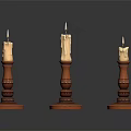 Three Ornate Candle Holders With Lit Candles Red Bases And Carved Details On Dark Surface