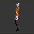 Anime Female Character With Silver Hair Orange Coat Plaid Skirt And Purple Thigh High Socks