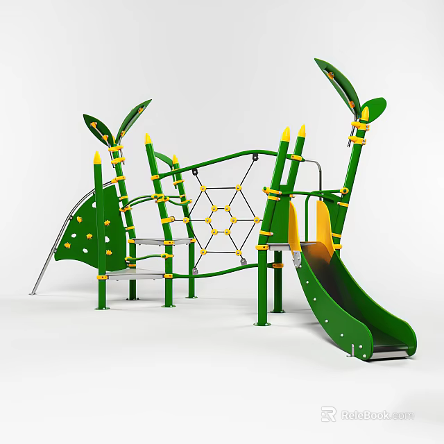 Colorful Green Playground Equipment With Leaf Shaped Tops Hexagonal Climbing Net And Slide 3d model