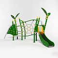 Colorful Green Playground Equipment With Leaf Shaped Tops Hexagonal Climbing Net And Slide 3d model
