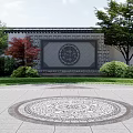 Garden Landscape With Paved Path Green Trees Lawn And Modern Buildings