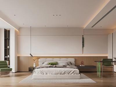 Modern Bedroom Interior Design With Comfortable Bed Nightstand Green Chair And Area Rug 3d model