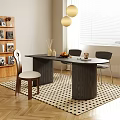 Modern Dark Wooden Dining Table And Chairs On Geometric Rug With Decorative Items