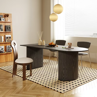Modern Dark Wooden Dining Table And Chairs On Geometric Rug With Decorative Items 3d model