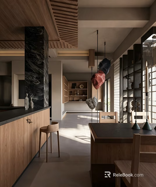 Warm Sunlit Modern Open Kitchen And Dining Area With Natural Wood Details And Unique Decor 3d model 