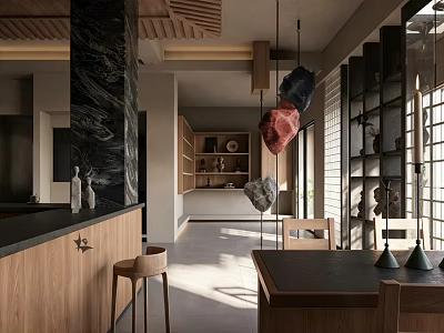 Warm Sunlit Modern Open Kitchen And Dining Area With Natural Wood Details And Unique Decor 3d model
