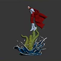 Detailed Red Cape Figure Standing On Green Dragon Base With Blue Water Splashes