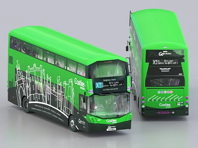 Modern Green Double Decker Buses With Citybus XCite Brand And Building Graphics 3d model