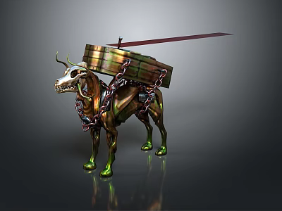 Mythical Green Gold Mechanical Bull Creature With Skeleton Head Metal Armor And Red Sword 3d model