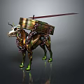 Mythical Green Gold Mechanical Bull Creature With Skeleton Head Metal Armor And Red Sword