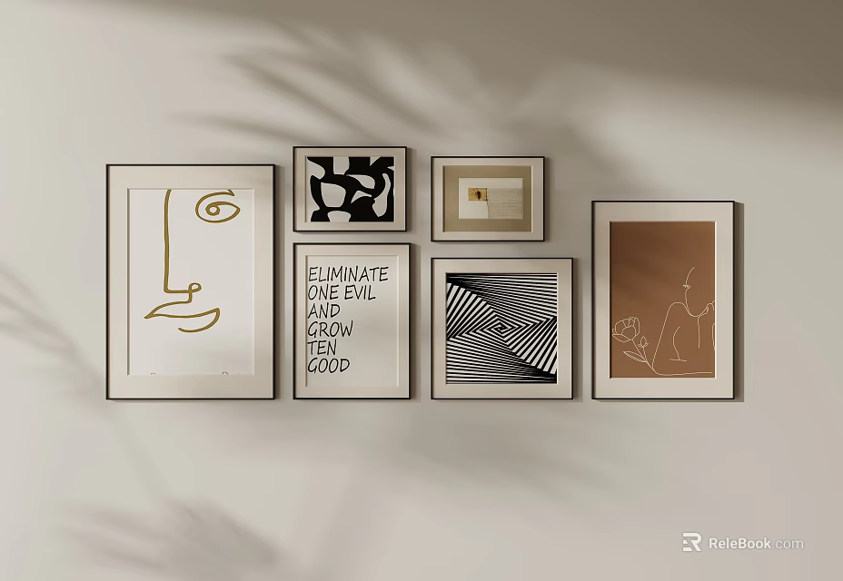 Modern Framed Wall Art With Abstract Line Drawings And Typography Designs 3d model 