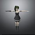 Child with Green Hair in Black Dress and White Details Arms Outstretched