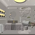 Cozy Minimalist SPA Room With Massage Table Wooden Trolley Wall Shelves And Potted Plant