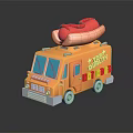 Orange Food Truck With Large Hot Dog on Top and Yellow Red Stripes
